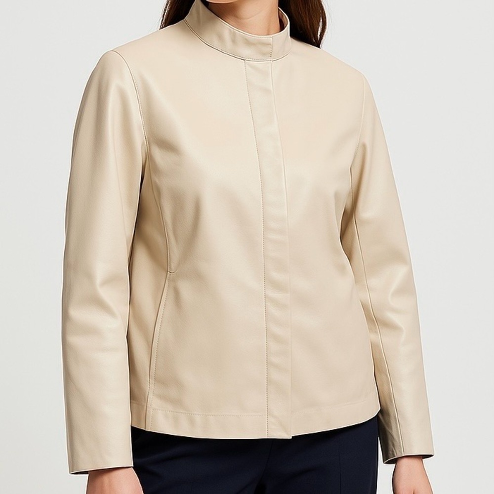 Cream Leather Bomber Jacket Moto Mandarin Collar Blazer Hidden Zip Snaps Lined S